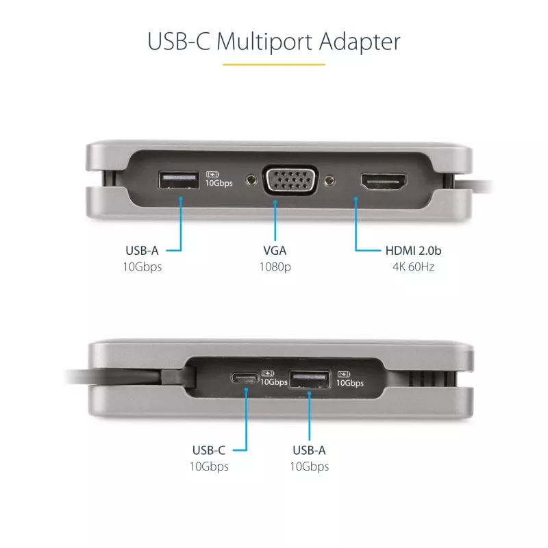 StarTech.com USB-C Multiport-Adapter – HDMI/VGA – 4K 60 Hz – 3-Port-USB-Hub – 100 W Power Delivery-Durchschleifung – GbE – Mini-Dockingstation für unterwegs mit Ladefunktion – Wickelbares Kabel, 30 cm