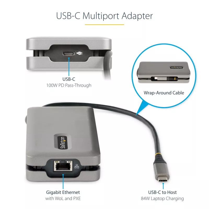 StarTech.com USB-C Multiport-Adapter – HDMI/VGA – 4K 60 Hz – 3-Port-USB-Hub – 100 W Power Delivery-Durchschleifung – GbE – Mini-Dockingstation für unterwegs mit Ladefunktion – Wickelbares Kabel, 30 cm