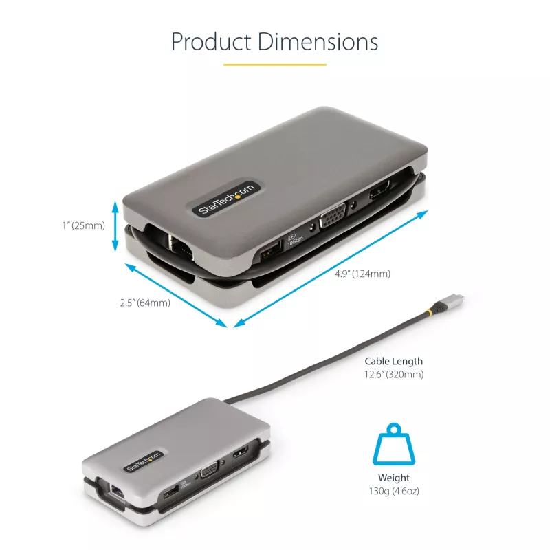 StarTech.com USB-C Multiport-Adapter – HDMI/VGA – 4K 60 Hz – 3-Port-USB-Hub – 100 W Power Delivery-Durchschleifung – GbE – Mini-Dockingstation für unterwegs mit Ladefunktion – Wickelbares Kabel, 30 cm