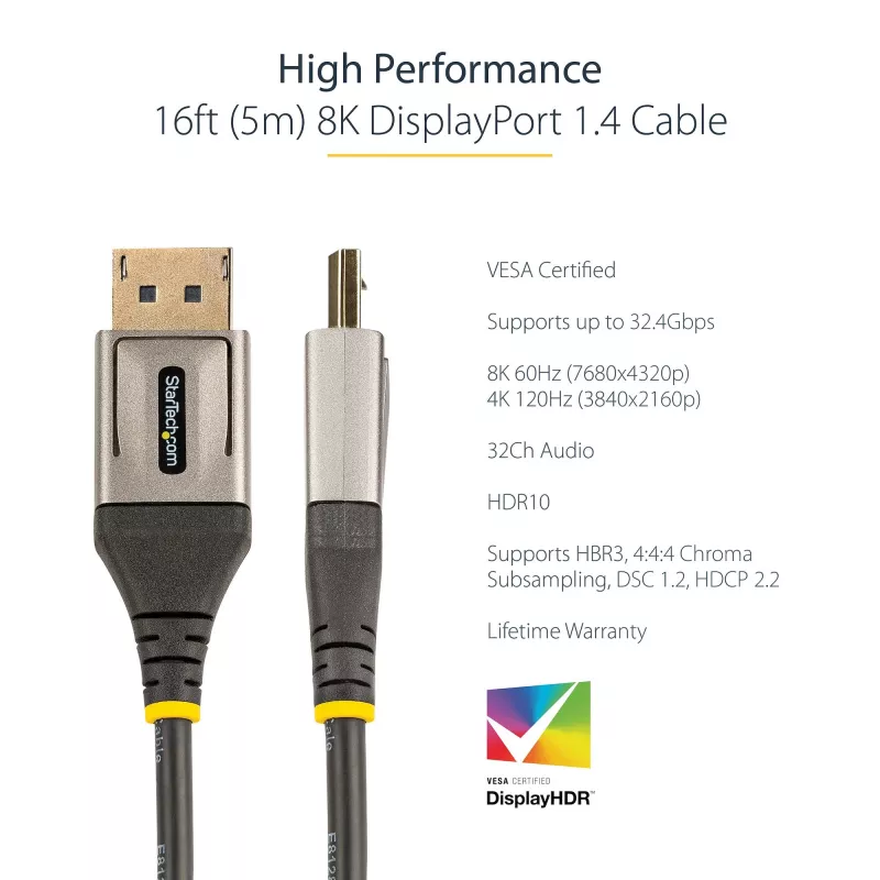 StarTech.com 16ft (5m) VESA zertifiziertes DisplayPort 1.4 Kabel – 8K 60Hz HDR10 – Ultra HD 4K 120Hz Video – DP 1.4 Kabel / Leitung – Für Monitore/Displays – DisplayPort-auf-DisplayPort-Kabel – M/M