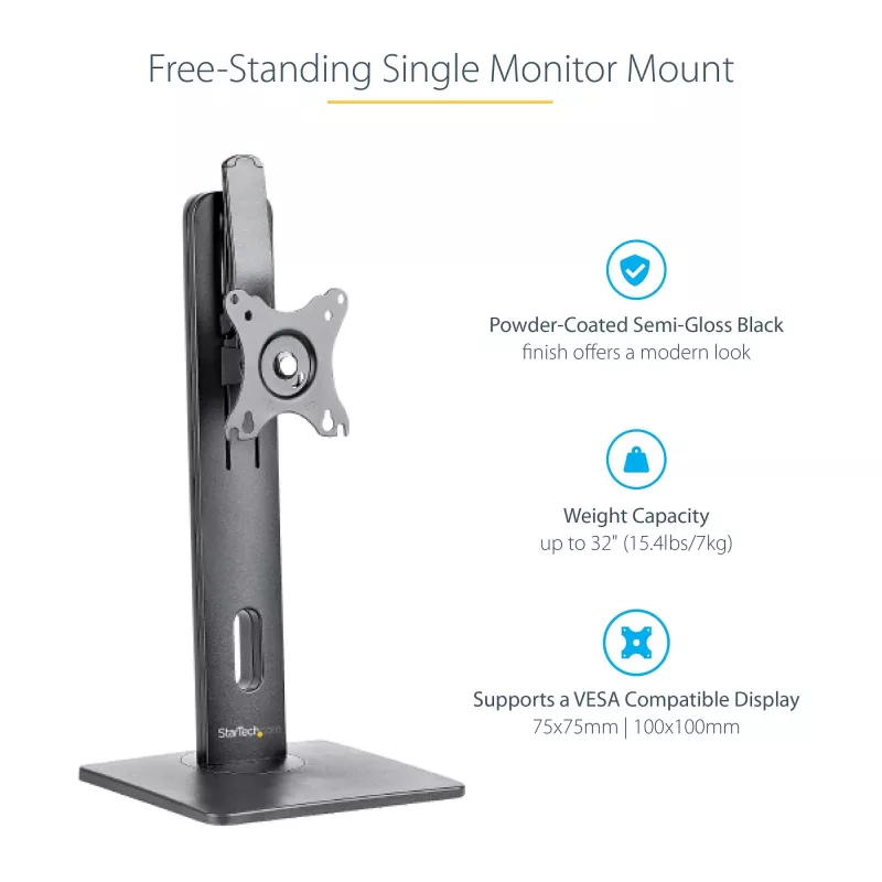 StarTech.com Freistehender Einzelmonitor-Monitorhalter – Höhenverstellbarer Monitorständer – Für VESA-Monitore bis zu 32 Zoll (7 kg) – Ergonomischer Monitorständer für den Schreibtisch – Neig-/Schwenk-/Rotierbar