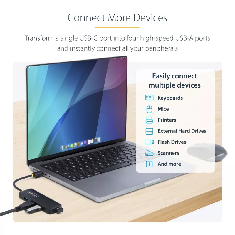 StarTech.com 4-Port USB-C-Hub, 5 Gbit/s, USB-C auf 4x USB-A, busgespeist, kleiner Reise-Mini-Hub, Multi-Port USB 3.0 Splitter, tragbarer Hub, Überstromschutz