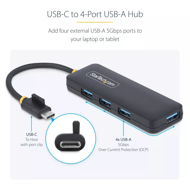 StarTech.com 4-Port USB-C-Hub, 5 Gbit/s, USB-C auf 4x USB-A, busgespeist, kleiner Reise-Mini-Hub, Multi-Port USB 3.0 Splitter, tragbarer Hub, Überstromschutz