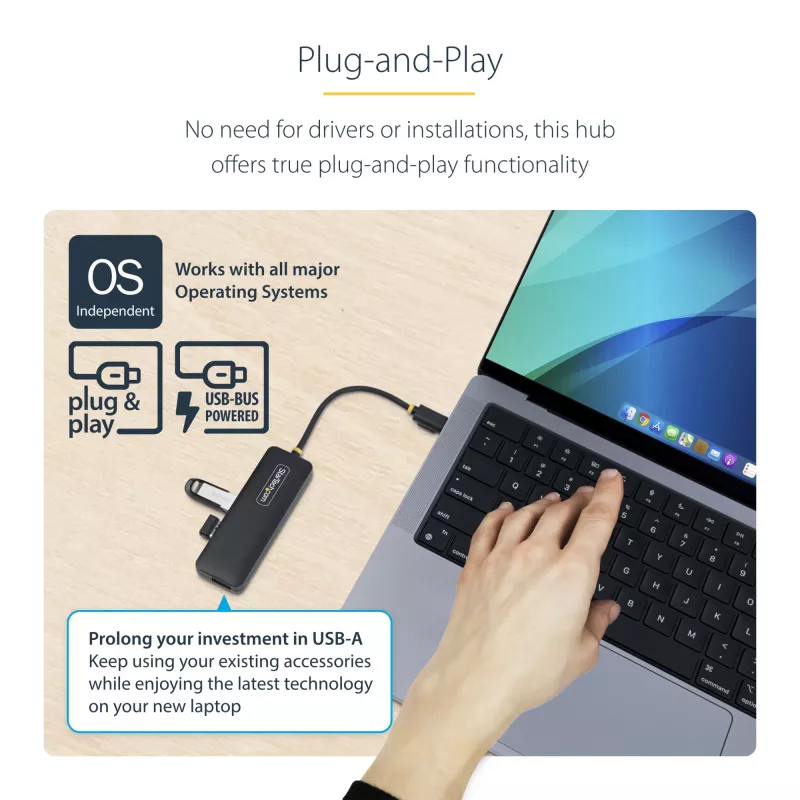 StarTech.com 4-Port USB-C-Hub, 5 Gbit/s, USB-C auf 4x USB-A, busgespeist, kleiner Reise-Mini-Hub, Multi-Port USB 3.0 Splitter, tragbarer Hub, Überstromschutz