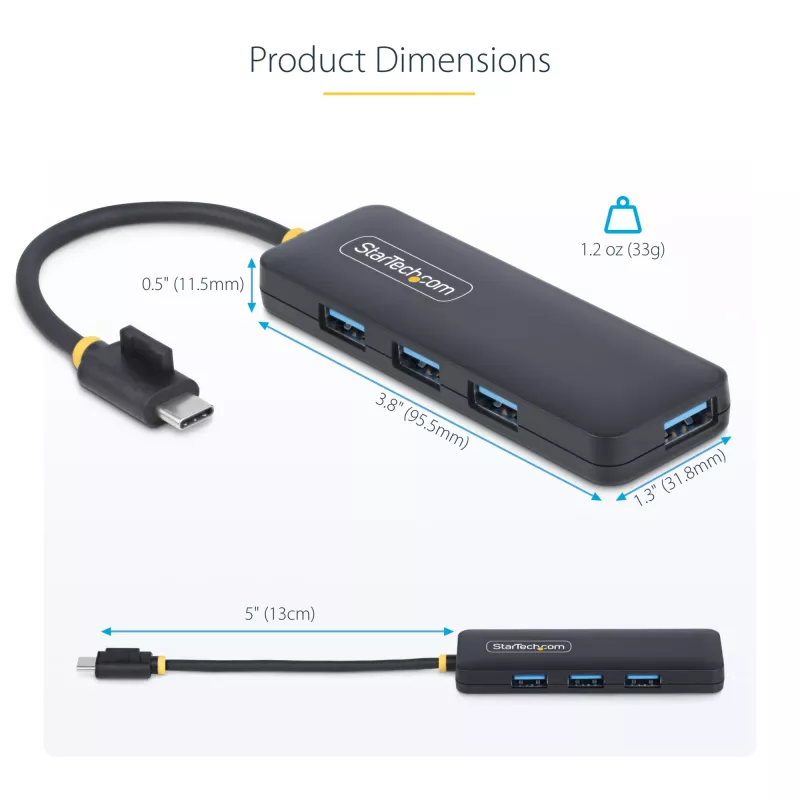 StarTech.com 4-Port USB-C-Hub, 5 Gbit/s, USB-C auf 4x USB-A, busgespeist, kleiner Reise-Mini-Hub, Multi-Port USB 3.0 Splitter, tragbarer Hub, Überstromschutz