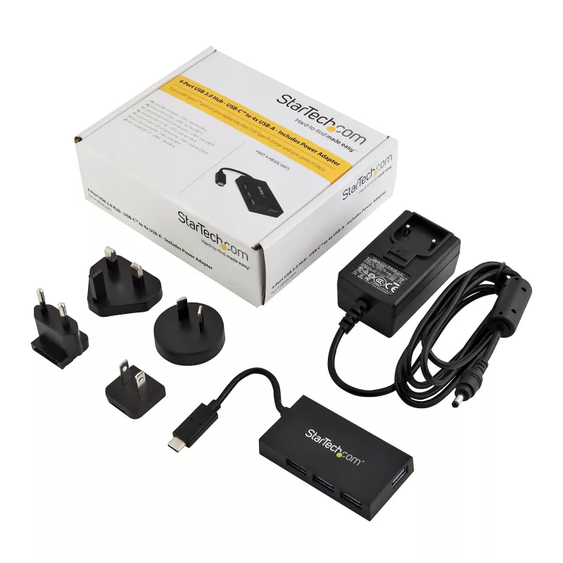 StarTech.com 4 Port USB C Hub - USB Type-C Hub mit 4x USB-A-Anschlüssen (USB 3.0/3.1 Gen 1 SuperSpeed 5 Gbit/s) - USB-Bus oder eigenständige Stromversorgung - Tragbarer USB-C-auf-USB-A-BC-1.2-Lade-Hub mit Netzteil~4 Port USB C Hub - USB Type-C Hub mit 4x USB-A-Anschlüssen USB 3.0 Hub (5 Gbit/s) - USB-Bus oder eigenständige Stromversorgung - Tragbarer USB-C-auf-USB-A-BC-1.2-Lade-Hub mit Netzteil