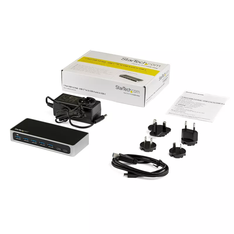 StarTech.com 7 Port USB C Hub mit Schnellladeanschluss – USB-C auf 5x USB-A 2x USB-C (USB 3.0 SuperSpeed 5 Gbit/s) – selbstversorgter USB 3.2 Gen 1 Typ-C-Hub mit Netzteil – Desktop-/Laptop-Hub