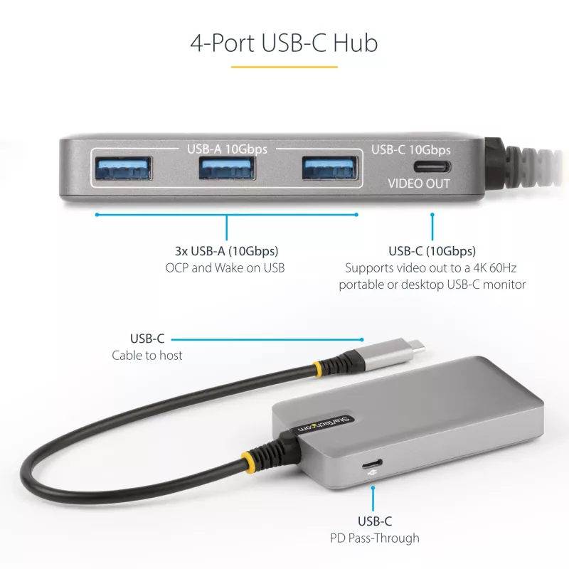 StarTech.com 4-Port USB-C-Hub mit USB-C DP Alt Mode Videoausgabe 4K 60Hz - 3x USB-A, 1x USB Typ-C, 100W Power Delivery Durchgang, USB 3.2 10Gbps, 30cm Kabel, tragbarer USB-Hub