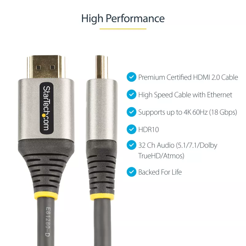 StarTech.com 5 m Premium zertifiziertes HDMI 2.0 Kabel – High-Speed Ultra HD 4K 60Hz HDMI-Kabel mit Ethernet – HDR10, ARC – UHD HDMI-Videokabel – Für UHD Monitore, Fernseher, Displays – M/M