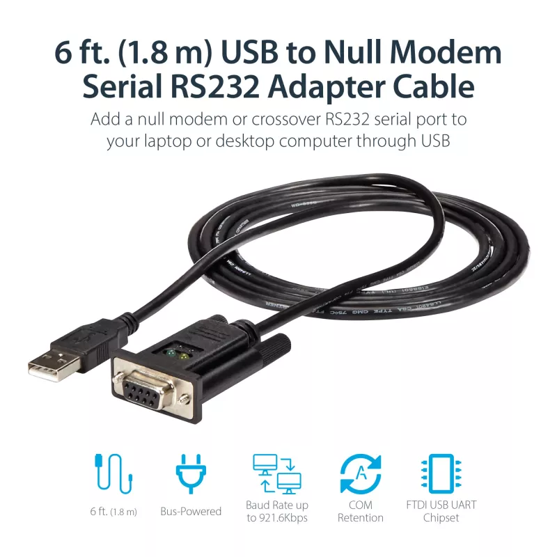 StarTech.com 6ft (1,8m) 1-Port USB zu Seriell RS232 Adapter, FTDI DB9 Seriell DCE Adapterkabel, Nullmodem, USB 2.0 - TAA