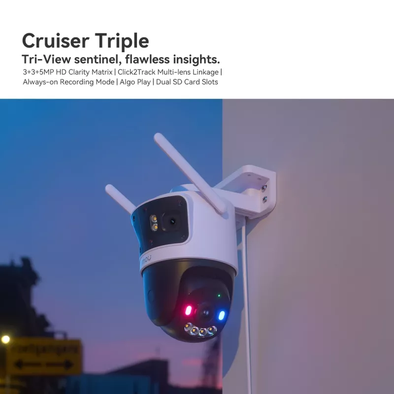 IP-Überwachungskamera IMOU Cruiser Triple IPC-S7UP-11M0WED — 2880×1620, 6 mm, 8× digitaler Zoom, kabelgebunden & kabellos, Außenbereich, Decken-/Wandmontage