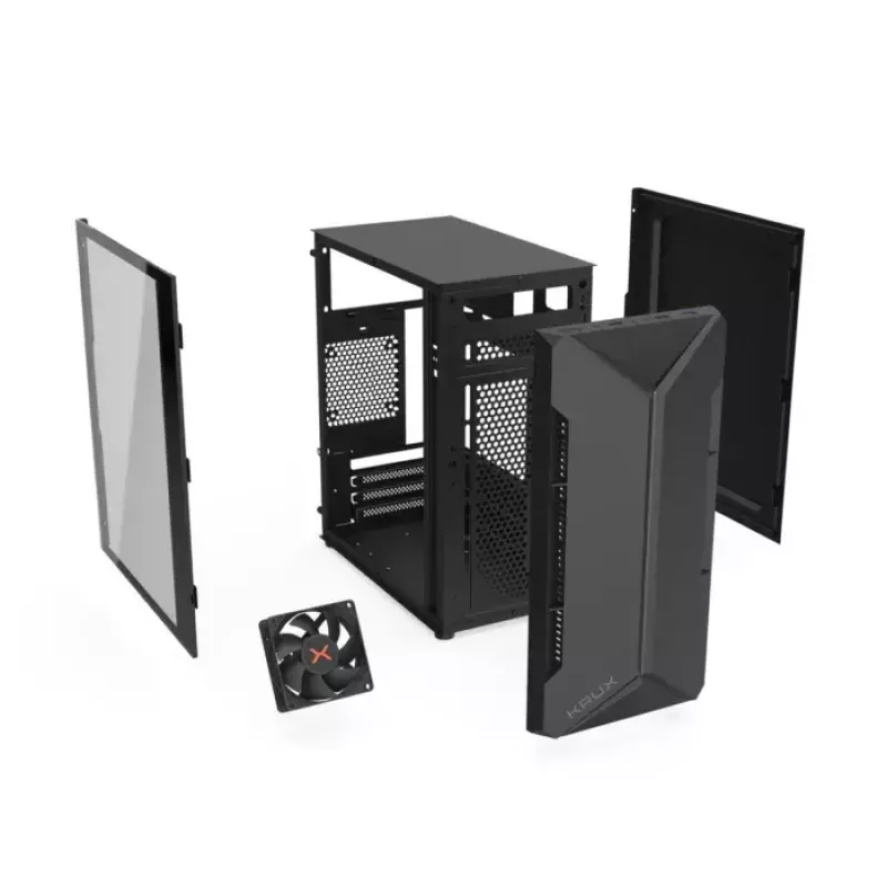PC-Gehäuse KRUX Astro Cube Schwarz — Cube-Chassis, unterstützt Micro ATX/Mini-ITX, 1×3,5 Zoll + 2×2,5 Zoll Einschübe, Seitenfenster, max. Netzteil 28 cm, max. Kühlerhöhe 136 mm