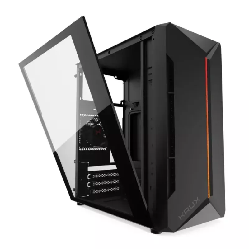 PC-Gehäuse KRUX Astro Cube Schwarz — Cube-Chassis, unterstützt Micro ATX/Mini-ITX, 1×3,5 Zoll + 2×2,5 Zoll Einschübe, Seitenfenster, max. Netzteil 28 cm, max. Kühlerhöhe 136 mm