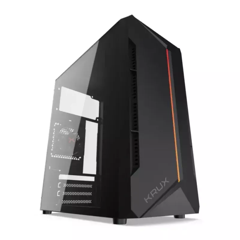 PC-Gehäuse KRUX Astro Cube Schwarz — Cube-Chassis, unterstützt Micro ATX/Mini-ITX, 1×3,5 Zoll + 2×2,5 Zoll Einschübe, Seitenfenster, max. Netzteil 28 cm, max. Kühlerhöhe 136 mm