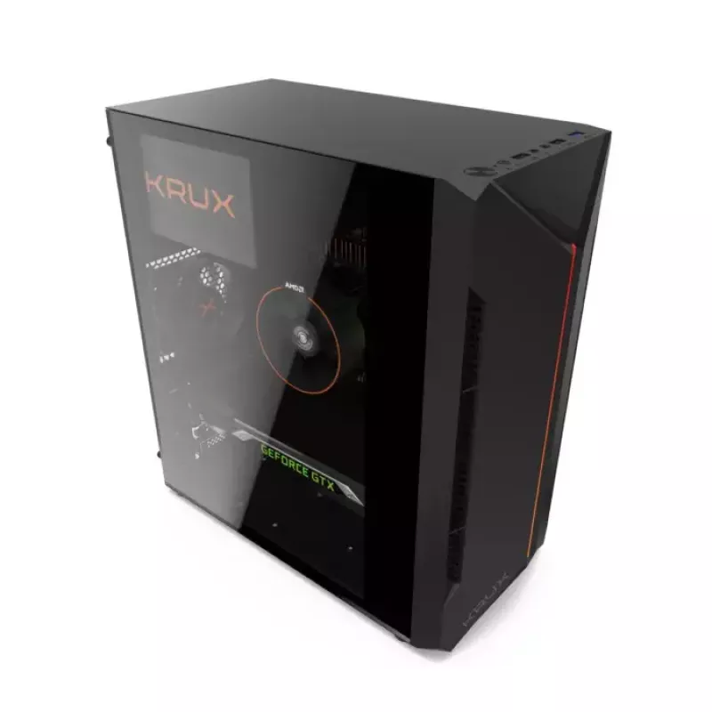 PC-Gehäuse KRUX Astro Cube Schwarz — Cube-Chassis, unterstützt Micro ATX/Mini-ITX, 1×3,5 Zoll + 2×2,5 Zoll Einschübe, Seitenfenster, max. Netzteil 28 cm, max. Kühlerhöhe 136 mm