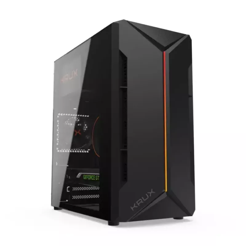 PC-Gehäuse KRUX Astro Cube Schwarz — Cube-Chassis, unterstützt Micro ATX/Mini-ITX, 1×3,5 Zoll + 2×2,5 Zoll Einschübe, Seitenfenster, max. Netzteil 28 cm, max. Kühlerhöhe 136 mm