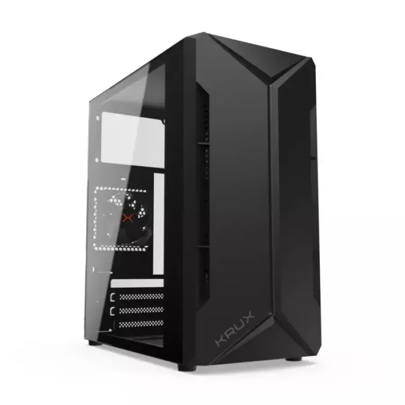 PC-Gehäuse KRUX Astro Cube Schwarz — Cube-Chassis, unterstützt Micro ATX/Mini-ITX, 1×3,5 Zoll + 2×2,5 Zoll Einschübe, Seitenfenster, max. Netzteil 28 cm, max. Kühlerhöhe 136 mm