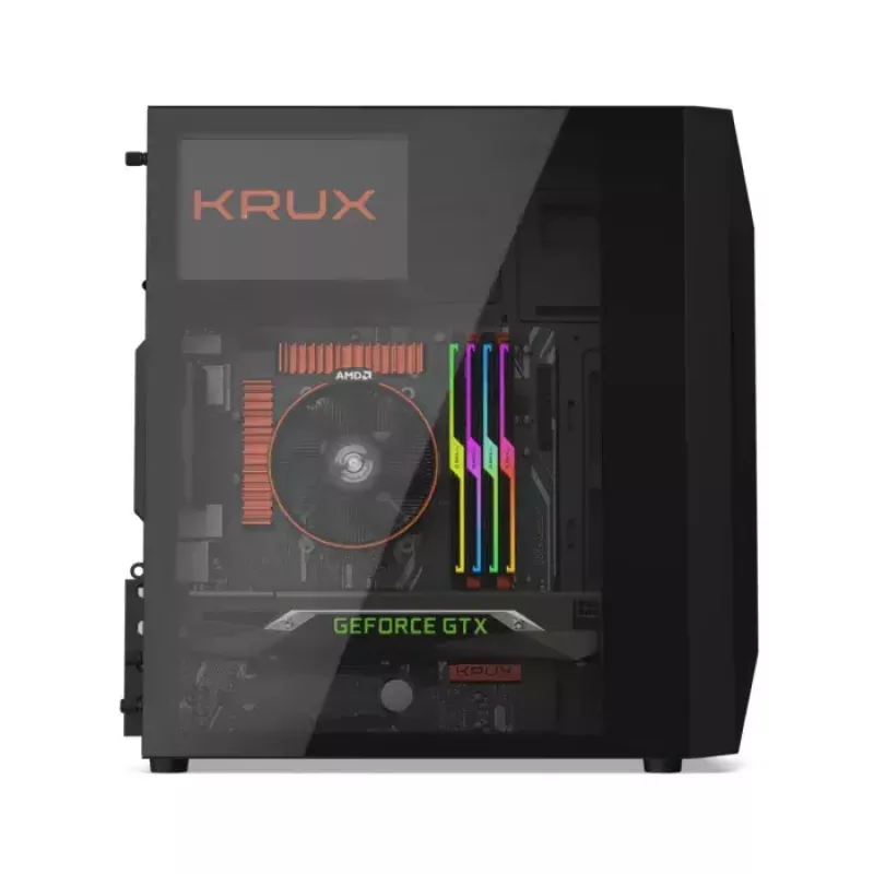 PC-Gehäuse KRUX Astro Cube Schwarz — Cube-Chassis, unterstützt Micro ATX/Mini-ITX, 1×3,5 Zoll + 2×2,5 Zoll Einschübe, Seitenfenster, max. Netzteil 28 cm, max. Kühlerhöhe 136 mm