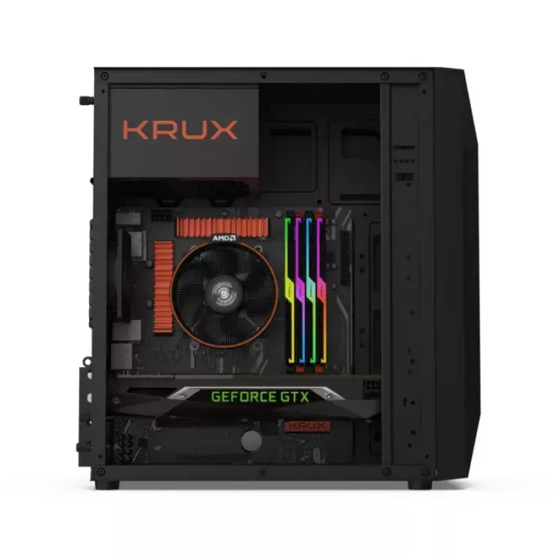PC-Gehäuse KRUX Astro Cube Schwarz — Cube-Chassis, unterstützt Micro ATX/Mini-ITX, 1×3,5 Zoll + 2×2,5 Zoll Einschübe, Seitenfenster, max. Netzteil 28 cm, max. Kühlerhöhe 136 mm