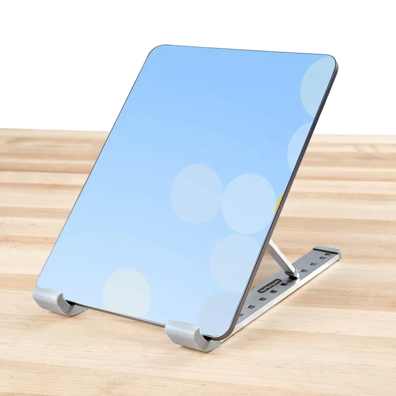 StarTech.com Faltbarer Laptop-Riser-Ständer, tragbarer höhenverstellbarer ergonomischer Laptop-Ständer, belüfteter Aluminiumrahmen trägt 10 kg, neigbar/erhöht/abgewinkelt für Laptop/Tablet, zusammenklappbares Design