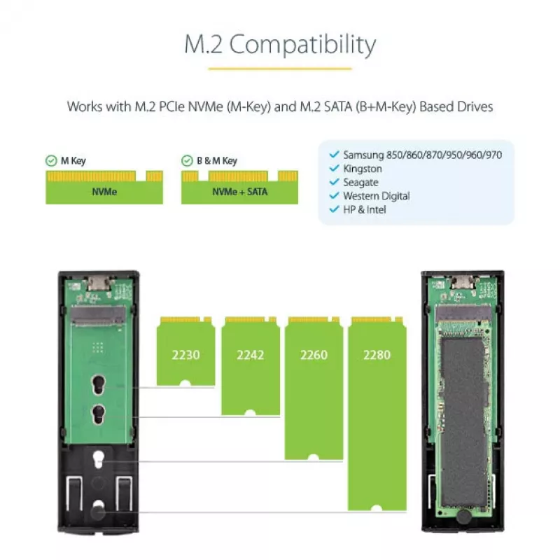StarTech.com USB-C 10 Gbit/s auf M.2 NVMe oder M.2 SATA SSD-Gehäuse – Werkzeugloses externes Aluminiumgehäuse für M.2 PCIe/SATA NGFF SSD – USB Typ-C und Typ-A Hostkabel – Unterstützt 2230/2242/2260/2280