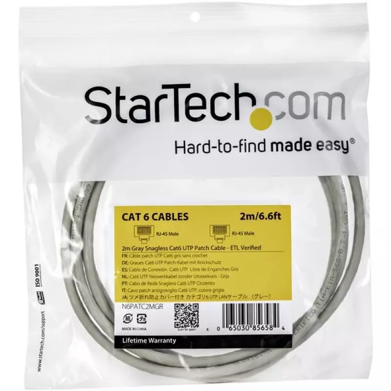 StarTech.com 2m CAT6 Ethernet-Kabel – Grau, CAT-6-Gigabit-Ethernet-Kabel – 250 MHz, 100 W PoE, RJ45, UTP, Netzwerk-/Patchkabel, rastnasenschutz mit Zugentlastung, einzeln getestet