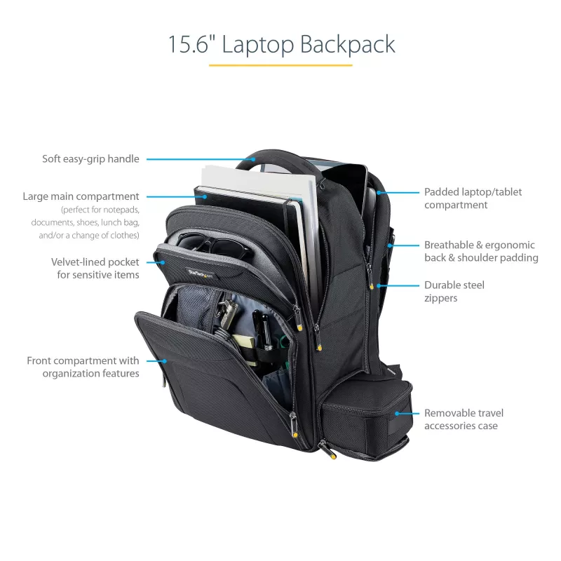 StarTech.com 15,6 Zoll Laptop-Rucksack mit herausnehmbarem Zubehör-Organizer - Professioneller IT-Tech-Rucksack für Arbeit/Reisen/Pendeln - Ergonomische Computertasche - Strapazierfähiges ballistisches Nylon - Notebook-/Tablet-Fächer