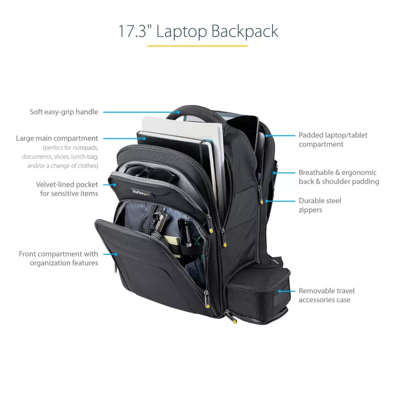 StarTech.com 17,3-Zoll-Laptop-Rucksack mit herausnehmbarem Zubehör-Organizer-Case – Professioneller IT-Tech-Rucksack für Arbeit/Reisen/Pendeln – Ergonomische Computertasche – Robustes ballistisches Nylon – Notebook-/Tablet-Fächer