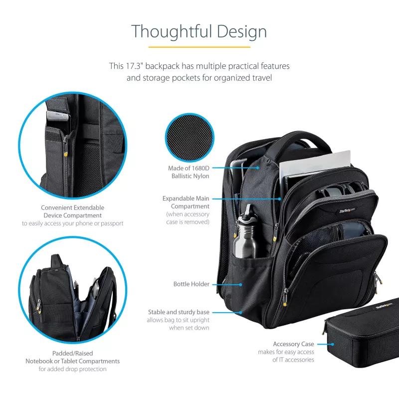 StarTech.com 17,3-Zoll-Laptop-Rucksack mit herausnehmbarem Zubehör-Organizer-Case – Professioneller IT-Tech-Rucksack für Arbeit/Reisen/Pendeln – Ergonomische Computertasche – Robustes ballistisches Nylon – Notebook-/Tablet-Fächer