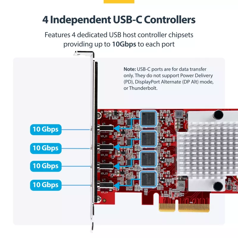 StarTech.com 4-Port USB Type-C PCIe-Karte, USB 3.2 10Gbps, USB-C PCI Express Erweiterungskarte, 4x unabhängige USB-Controller, Windows/Linux/macOS, TAA-konform
