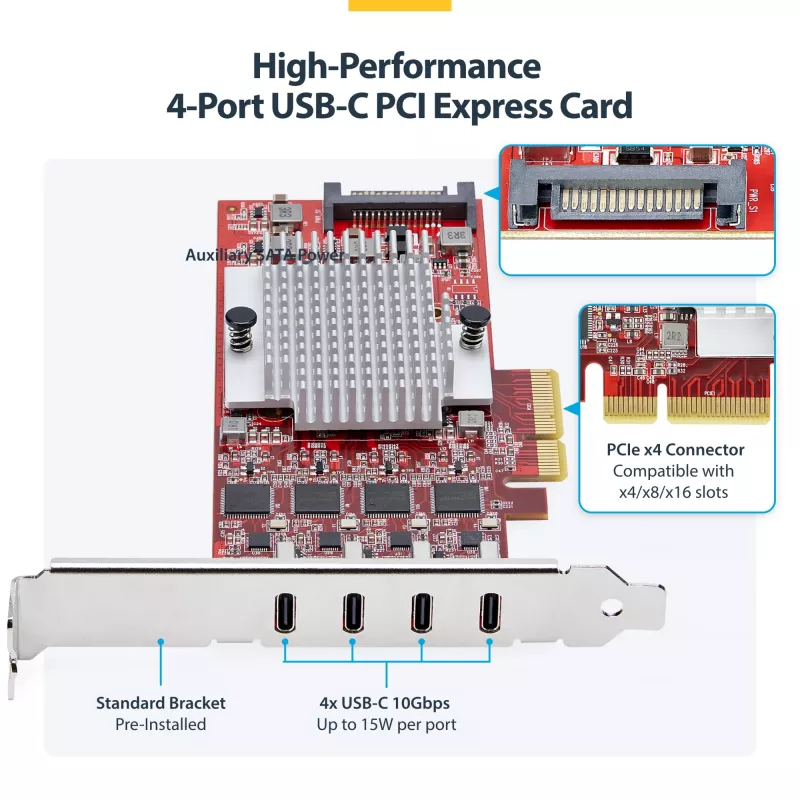 StarTech.com 4-Port USB Type-C PCIe-Karte, USB 3.2 10Gbps, USB-C PCI Express Erweiterungskarte, 4x unabhängige USB-Controller, Windows/Linux/macOS, TAA-konform