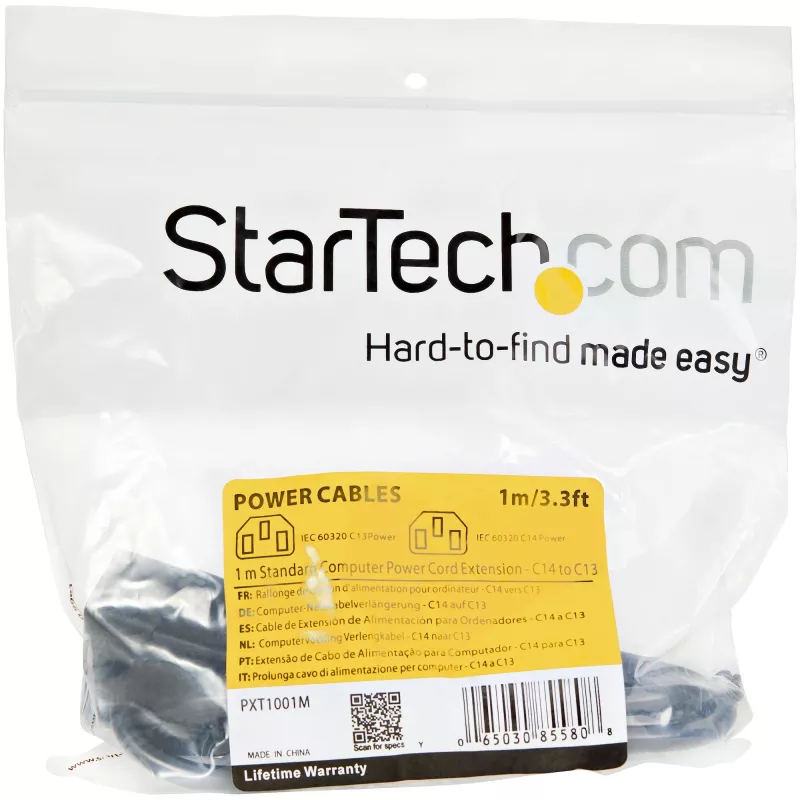 StarTech.com 1m Stromverlängerungskabel, C14 auf C13, 10A 125V, 18AWG, Computer-Stromverlängerungskabel, IEC-320-C14 auf IEC-320-C13 AC-Stromkabelverlängerung für Netzteile, UL-gelistet