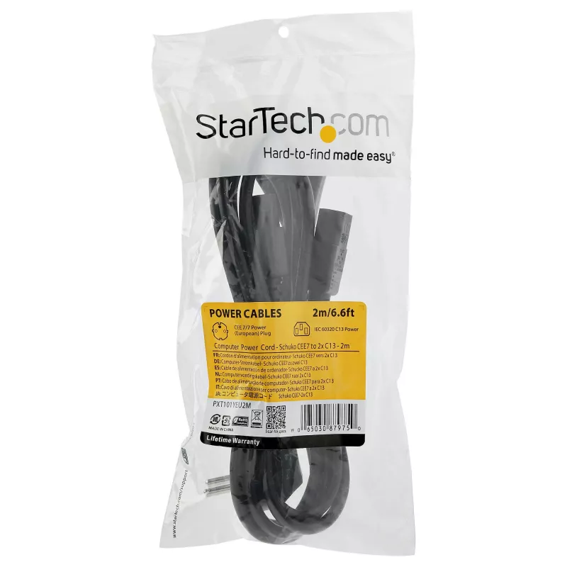 StarTech.com 2m (6ft) Computer-Netzkabel Y-Kabel, 18AWG, EU Schuko auf 2x C13, 10A 250V, Schwarz Ersatz-AC-Netzkabel, Drucker-Netzkabel, PC-Netzteilkabel, Monitor-Netzkabel – UL-gelistet