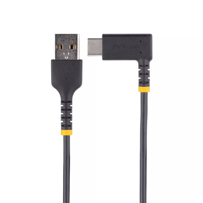 StarTech.com 1ft (30cm) USB-A-auf-C-Ladekabel, gewinkelt – Robustes Schnelllade-USB-C-Kabel – Schwarz USB 2.0 A auf Type-C – Robustes Aramidfaser – 3A – USB-Ladekabel