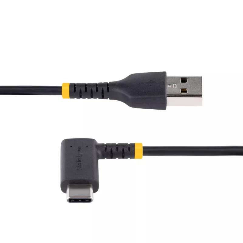 StarTech.com 1ft (30cm) USB-A-auf-C-Ladekabel, gewinkelt – Robustes Schnelllade-USB-C-Kabel – Schwarz USB 2.0 A auf Type-C – Robustes Aramidfaser – 3A – USB-Ladekabel