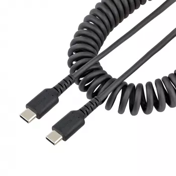 StarTech.com 20in (50cm) USB-C-Ladekabel, Spiralkabel, robust, Schnellladung & Synchronisation, USB 2.0 Typ-C, mit strapazierfähiger Aramidfaser, langlebiges Stecker-auf-Stecker-USB-Kabel, Schwarz