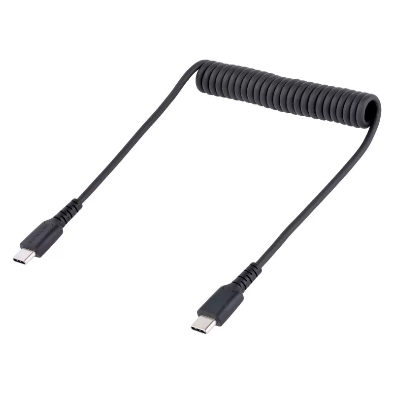 StarTech.com 20in (50cm) USB-C-Ladekabel, Spiralkabel, robust, Schnellladung & Synchronisation, USB 2.0 Typ-C, mit strapazierfähiger Aramidfaser, langlebiges Stecker-auf-Stecker-USB-Kabel, Schwarz