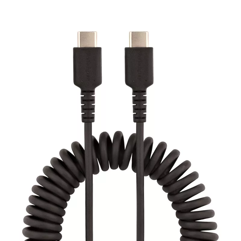 StarTech.com 20in (50cm) USB-C-Ladekabel, Spiralkabel, robust, Schnellladung & Synchronisation, USB 2.0 Typ-C, mit strapazierfähiger Aramidfaser, langlebiges Stecker-auf-Stecker-USB-Kabel, Schwarz