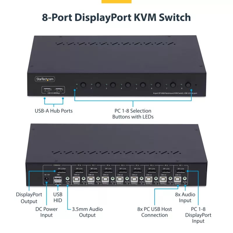 StarTech.com 8-Port DisplayPort KVM Switch mit 1U Rackmontage-Kit, 4K 60Hz DP 1.2, Tasten- und Hotkey-Umschaltung, 4-Port USB Hub, betriebssystemunabhängig, TAA-konform