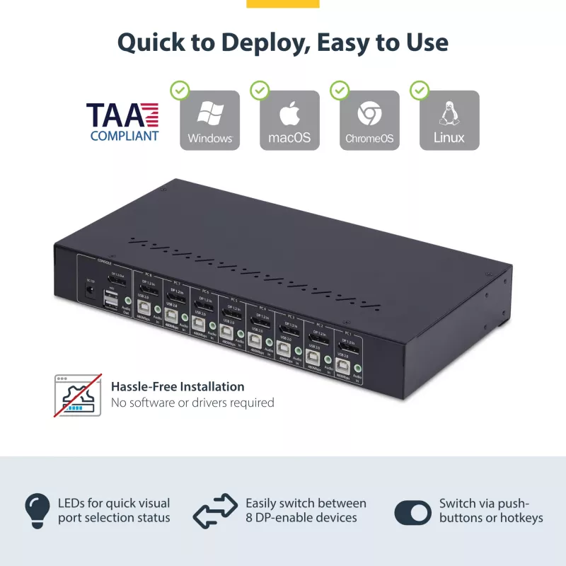 StarTech.com 8-Port DisplayPort KVM Switch mit 1U Rackmontage-Kit, 4K 60Hz DP 1.2, Tasten- und Hotkey-Umschaltung, 4-Port USB Hub, betriebssystemunabhängig, TAA-konform