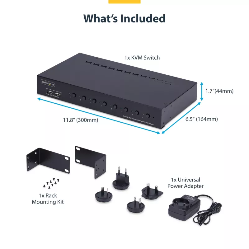 StarTech.com 8-Port DisplayPort KVM Switch mit 1U Rackmontage-Kit, 4K 60Hz DP 1.2, Tasten- und Hotkey-Umschaltung, 4-Port USB Hub, betriebssystemunabhängig, TAA-konform