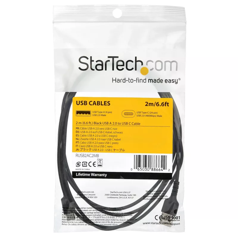 StarTech.com 2m USB A auf USB C Ladekabel – Robustes Schnelllade- und Synchronisationskabel USB 2.0 auf USB Typ C Datenkabel – Widerstandsfähiger TPE-Mantel Aramidfaser M/M 3A Schwarz – Samsung S10, iPad Pro, Pixel