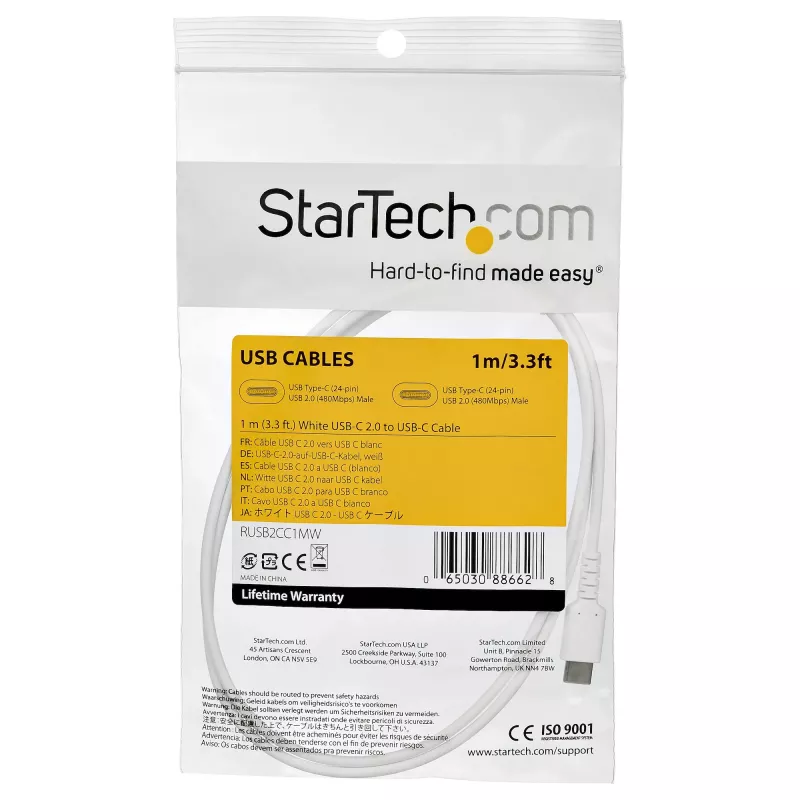 StarTech.com 1m USB-C-Ladekabel – Robustes Schnelllade- & Sync-Kabel USB 2.0 Typ C auf USB-C Laptop-Ladekabel – TPE-Mantel Aramidfaser M/M 60W Weiß – Samsung S10 S20 iPad Pro MS Surface