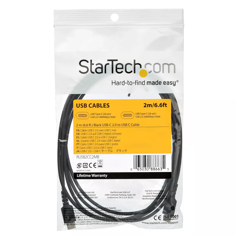 StarTech.com 2 m USB-C-Ladekabel – Robustes Schnelllade- und Sync-Kabel USB 2.0 Typ C auf USB C Laptop-Ladekabel – TPE-Mantel Aramidfaser M/M 60 W Schwarz – Samsung S10 S20 iPad Pro MS Surface