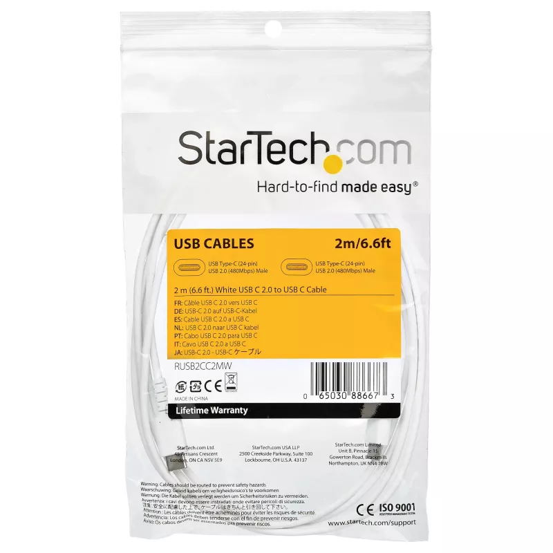 StarTech.com 2m USB-C Ladekabel – Robustes Schnelllade- & Sync-USB-2.0-Typ-C-auf-USB-C-Laptop-Ladekabel – TPE-Mantel Aramidfaser M/M 60W Weiß – Samsung S10 S20 iPad Pro MS Surface