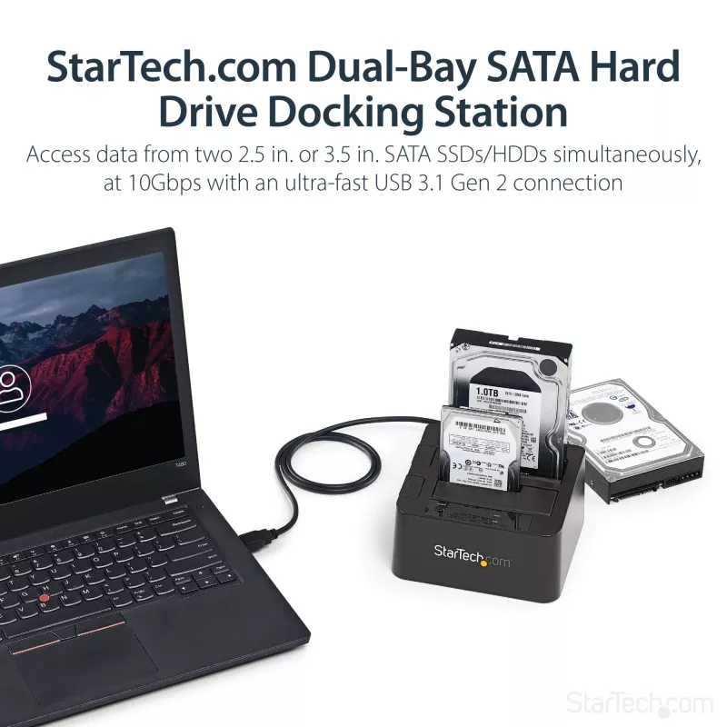 StarTech.com Dual-Bay USB 3.2 Gen 2 auf SATA Festplatten-Dockingstation, USB 10Gbps Festplatten-Dock, externes 2,5/3,5 Zoll SATA I/II/III SSD/HDD Dockingstation, Hot-Swap Festplatteneinschub, Top-Loading
