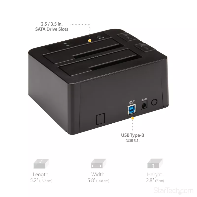 StarTech.com Dual-Bay USB 3.2 Gen 2 auf SATA Festplatten-Dockingstation, USB 10Gbps Festplatten-Dock, externes 2,5/3,5 Zoll SATA I/II/III SSD/HDD Dockingstation, Hot-Swap Festplatteneinschub, Top-Loading