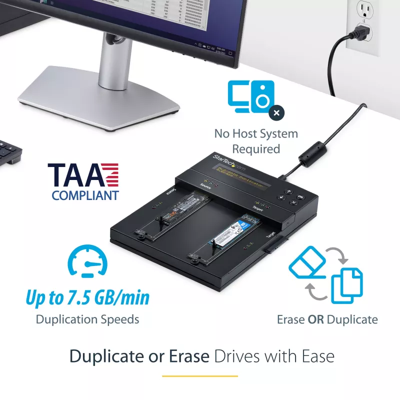 StarTech.com Eigenständiger M.2 SATA & M.2 NVMe Duplizierer und Löscher - HDD/SSD Kloner/Wiper für M.2 PCIe AHCI/NVMe, M.2 SATA, 2,5/3,5 Zoll SATA-Laufwerke - Externer Festplattenlöscher/Duplizierer, TAA