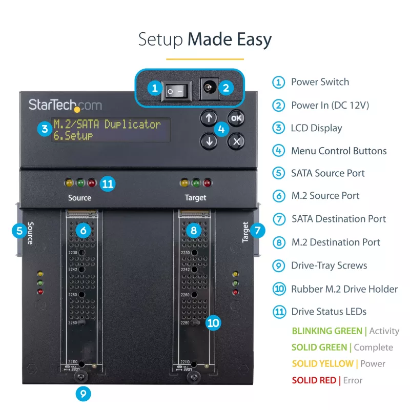 StarTech.com Eigenständiger M.2 SATA & M.2 NVMe Duplizierer und Löscher - HDD/SSD Kloner/Wiper für M.2 PCIe AHCI/NVMe, M.2 SATA, 2,5/3,5 Zoll SATA-Laufwerke - Externer Festplattenlöscher/Duplizierer, TAA
