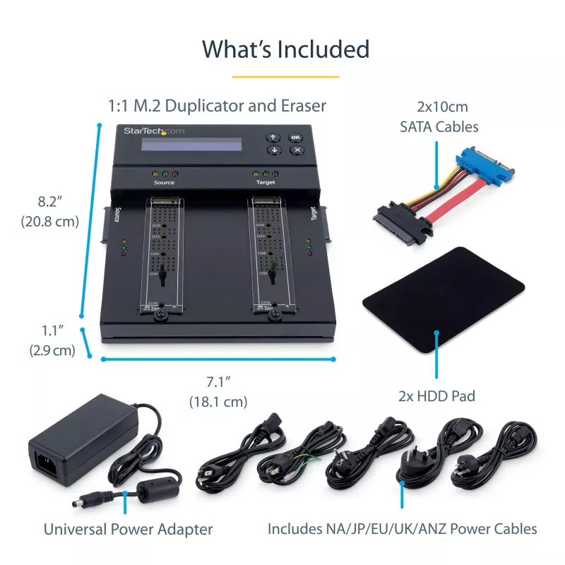 StarTech.com Eigenständiger M.2 SATA & M.2 NVMe Duplizierer und Löscher - HDD/SSD Kloner/Wiper für M.2 PCIe AHCI/NVMe, M.2 SATA, 2,5/3,5 Zoll SATA-Laufwerke - Externer Festplattenlöscher/Duplizierer, TAA